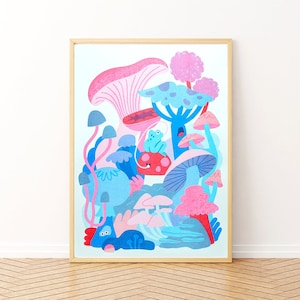 Froggy - A3 Risograph Print, Mushrooms, Frog, Nature, Floral, woodland