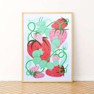 Eat Yer Strawbs - A4 Risograph Print, Pflanzen, Erdbeeren, Raupe, Beeren pflücken