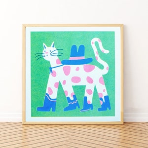 Cowboy Cat - 21 x 21cm Risograph Print, Cat, cowboy boots, ranch, wildwest