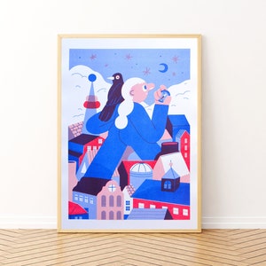 Kompass - A3 Risograph Print, Stadt Landschaft, Gebäude, Rabe, Nachthimmel