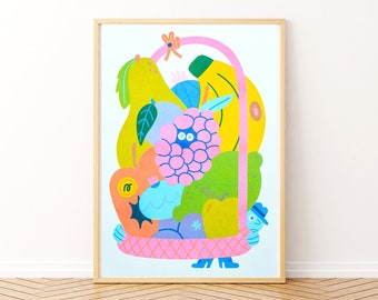 May include: A colorful illustration of a basket filled with fruit. The fruit includes a pear, a raspberry, a banana, and a green apple. The basket is pink with a white and pink checkered pattern.