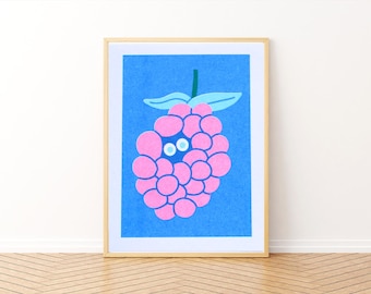May include: A framed illustration of a pink raspberry with a blue background. The raspberry has two white eyes.