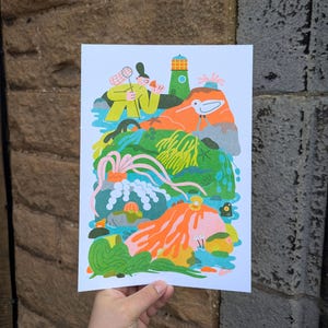 Rockpool - A4 Risograph Print, Meer, Vögel, Leuchtturm