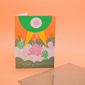 Bolo de aniversário de minhoca - cartão de saudações risográfica A6