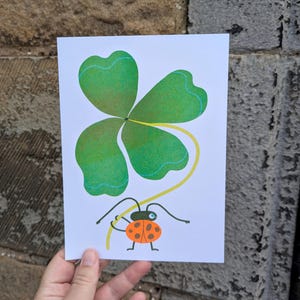 Lucky - A5 Risograph Print, vierblättriges Kleeblatt, Marienkäfer, Wildtiere