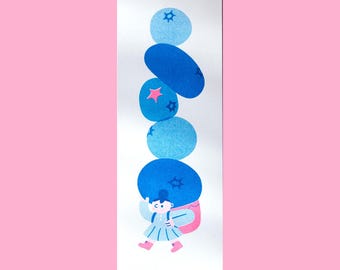 May include: A whimsical illustration of a person carrying a stack of blue blueberries. The blueberries vary in shape and size, with some featuring star-shaped accents. The person is depicted in a light blue dress and pink boots, set against a white background.