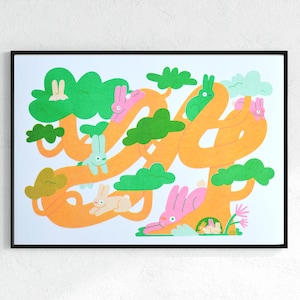 Bunny Tree - A4 Risograph Druck, Hase, Natur, Wald, Kaninchen