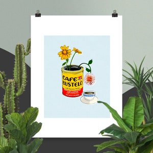 Art Print / Cafe Bustelo with Mexican Sunflowers and Marigolds - Coffee and Flowers for Breakfast / Art Print / Kitchen Wall Art / Coffee