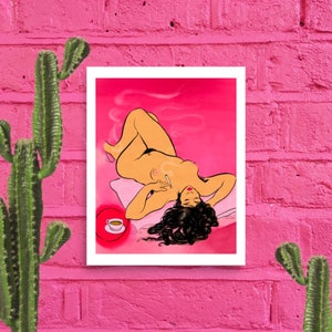 Art Print / The Smoker - Coffee and Cigarettes - Feminist Hot Pink Classical Fine Art Figure Drawing Beautiful Woman Femme Art