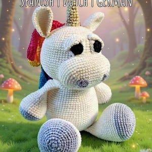 Può includere: Una bambola unicorno fatta a mano, all'uncinetto, con corpo bianco, occhi neri e un corno dorato. L'unicorno ha una criniera e una coda arcobaleno, seduto sull'erba verde. Il testo "SPANISH | DUTCH | GERMAN" è in alto.