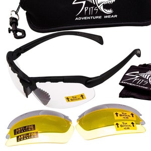 May include: Black safety glasses with clear lenses and a black carrying case. The glasses have a top bifocal lens with a +2.00 magnification. The glasses also come with a pair of yellow tinted lenses and a microfiber cleaning cloth.