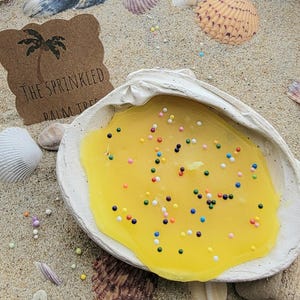 May include: A large, open seashell filled with yellow liquid and colorful sprinkles, set on sand with other seashells. A brown tag with the text "THE SPRINKLED PALM TREE" is visible.