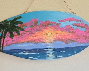 Hand Painted Sunset Surf Board Sign Wall Hanging Hawaiian Beach House Decor Sign Surfing Ocean Welcome Palm Tree All My Sunsets With You
