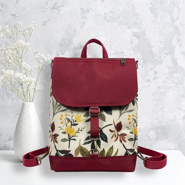 Burgundy Cottagecore Style Convertible Backpack for Women, Botanical Crossbody Bag, Boho Customized Purse, Meadow Floral Bag, Birthday Gift