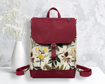 Burgundy Cottagecore Backpack: Waterproof Botanical Crossbody Bag
