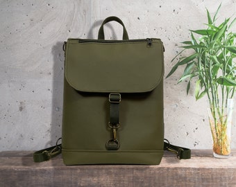 Olive vegan leather backpack many pockets for women, multifunctional medium-sized bag for everyday use