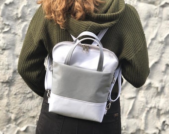 Women Backpack, Customizable Bag, Minimalist Crossbody Bag, Waterproof Backpack, Convertible Backpack, Slim fit backpack, White Gray Bag