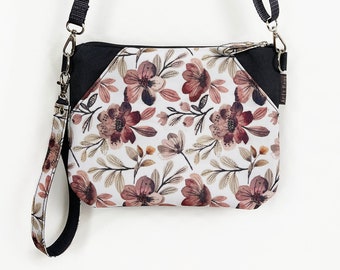 Floral Cottagecore Crossbody Bag, Gray Mauve Mini Purse, Flowers Everyday Bag, Vegan Purse, Women Fall Kit, Autumn Zipped Bag, Shoulder Bag