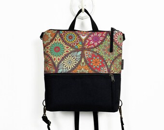 Boho Colorful Mandala Backpack, Vegan Women Backpack, Black Rucksack, Customizable Women Bag, Slim Fit Back to School Backpack