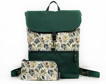 Botanical Cottagecore Convertible Backpack, Women Backpack, Waterproof Cross Body Bag for plant-loving girls, Teal Customizable Rucksack