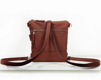 Minimalist Vegan Custom Backpack, Rust Brown Laptop Rucksack, Slim Waterproof Crossbody Bag, Convertible Backpack, Unisex Messenger Bag