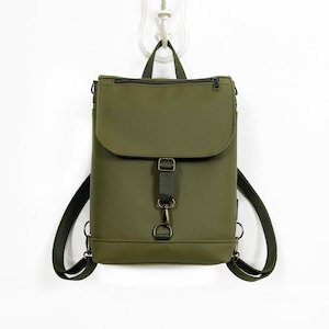 Olive vegan leather backpack many pockets for women, multifunctional medium-sized bag for everyday use image 2