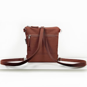Minimalist Vegan Custom Backpack, Rust Brown Laptop Rucksack, Slim Waterproof Crossbody Bag, Convertible Backpack, Unisex Messenger Bag