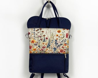 Navy Floral Cottagecore Style Backpack for Women, Plant lover girl bag, Blue outfit, Meadow back to school backpack for women, Floral lovers