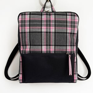 Sac à dos à carreaux en tweed rose noir, sac à dos tendance, tweed à carreaux, sac à bandoulière, sac de voyage en laine pour femme, sac à dos de style campagnard