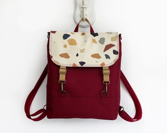 Burgundy Convertible Backpack with Colorful Pebbles Design, Modern Terrazzo Crossbody Bag