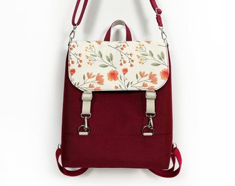Zaino Borgogna Cottagecore, zaino convertibile floreale, zaino di design da donna, borsa a tracolla da donna personalizzabile, borsa midi a fiori