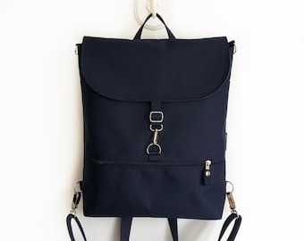 Convertible Backpack, Vegan Women Backpack, Waterproof Cross Body Bag, Minimalist Shoulder Bag, Navy Functional Backpack