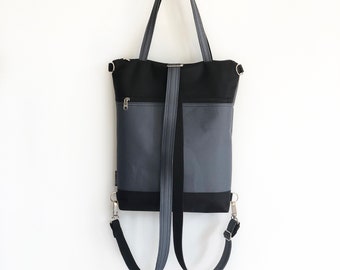 Grey Black Convertible Backpack, Vegan Rucksack, Unisex Cross Body Bag, Slim Fit Backpack, Vegan Backpack, Waterproof Backpack, ArisBag