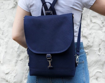 Navy Blue Waterproof Backpack, Women's Vegan Bag, Water resistant Cross Body bag, Slim fit bag, Narrow Backpack