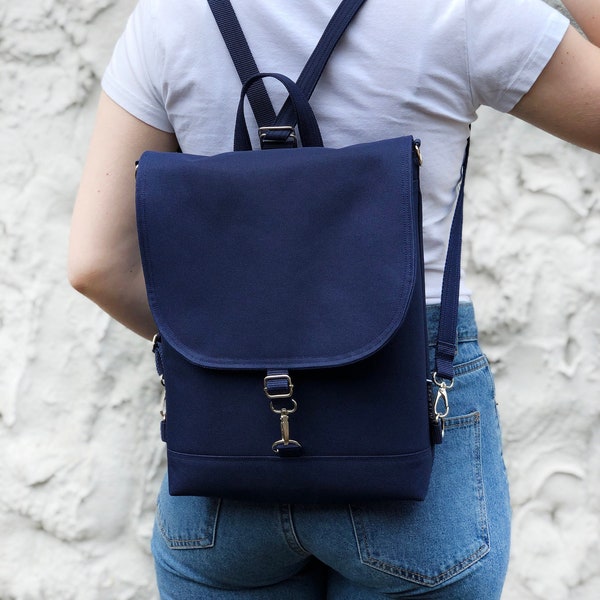 Navy Blue Waterproof Backpack, Women's Vegan Bag, Water resistant Cross Body bag, Slim fit bag, Narrow Backpack