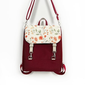 Sac à dos Cottagecore bordeaux, sac à dos convertible Floal, sac à dos de créateur pour femme, sac bandoulière femme personnalisable, sac midi fleuri