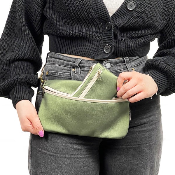 Small Faux Leather Fanny Pack with mini zippered purse, Festival Bag, Small Cross Body Bag, Vegan Leather Fanny Pack for Women, More colors