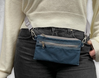 Small Waxed Canvas Fanny Pack for Women and Men. Vegan Belt Bag for concerts, travel, and shopping. Modern and Minimalist Flat Hip Bag.