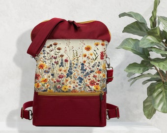 Cottagecore Style Backpack for Women, Plant lover girl bag, Burgundy outfit, Meadow printed back to school backpack for women, Floral lovers