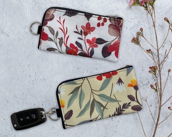 Set of 2 holder floral keychain wallets with zipper for women. Small canvas coin pouch with key ring. Gift for mother, wife, daughter.