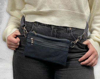 Small Waxed Canvas Fanny Pack for Women and Men. Vegan Belt Bag for travel, and shopping in two sizes. Modern and Minimalist Flat Hip Bag.