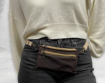 Small Waxed Canvas Fanny Pack for Women and Men. Vegan Belt Bag for concerts, travel, and shopping. Modern and Minimalist Flat Hip Bag.
