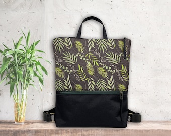 Boho Botanical Leaves Backpack, Vegan Cottagecore Backpack, Black Rucksack, Customizable Women Bag, Slim Fit Back to School Backpack