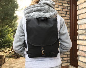 Black Waxed Canvas Unisex Minimalist Backpack