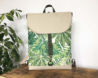 Grünes Blatt Rucksack, Beige Rucksack, Blätter Rucksack, Cross Body Bag für natürliche Liebhaber, grüne tropischen Vegan Rucksack, wasserdichte Beige Tasche