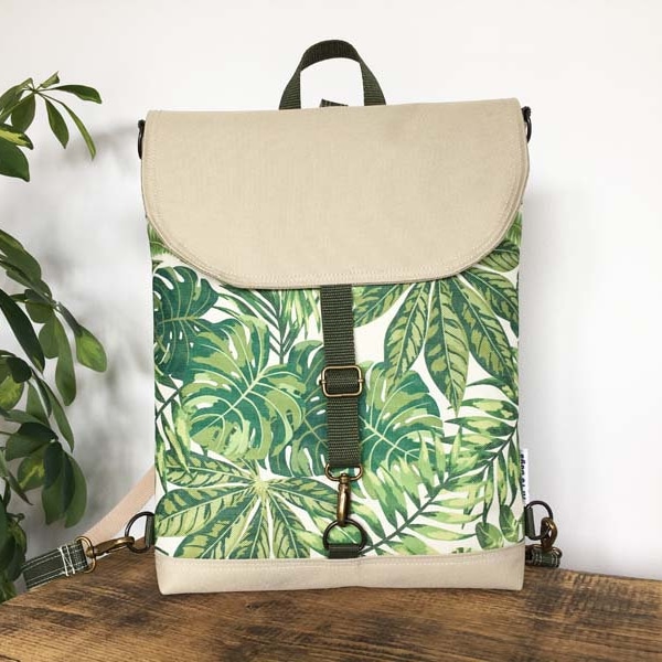 Green Leaf Backpack, Beige Backpack, Leaves Rucksack, Cross Body Bag for Natural Lovers, Green Tropical Vegan Backpack, Waterproof Beige Bag