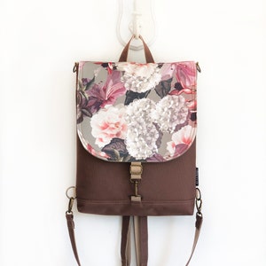 Floral Vegan Backpack, Waterproof Crossbody Bag, Women Bohemian Backpack, Hydrangea floral Rucksack, Convertible Bag, Slim Mini Bag