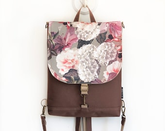 Floral Vegan Backpack, Waterproof Crossbody Bag, Women Bohemian Backpack, Hydrangea floral Rucksack, Convertible Bag, Slim Mini Bag