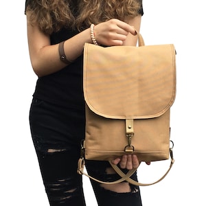 Mustard Convertible Backpack, Vegan Minimalist Backpack, Woman&#39;s Waterproof Handbag, Vegan Mustard Cross Body Bag, Slim Designer Rucksack