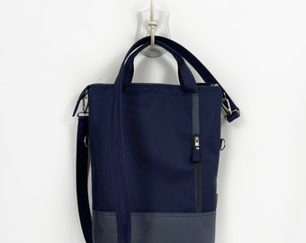 Messenger Tote Backpack, Customizable Laptop Bag, Navy Crossbody Bag, Diaper Bag, Sustainable Travel Tote Bag, Weekender Backpack